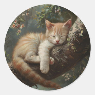 Sticker Rond Chaton dormant dans un arbre Vintage