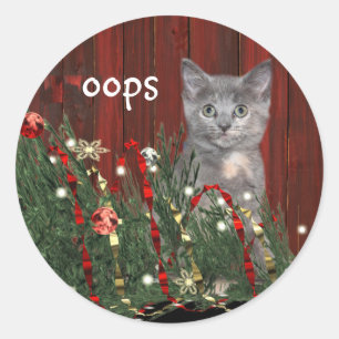 Sticker Rond Chaton et arbre de Noël tombé