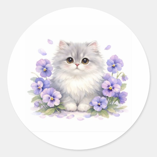 Sticker Rond Chaton Fluffy Aquarelle avec Fleurs de Pensée Viol (Devant)