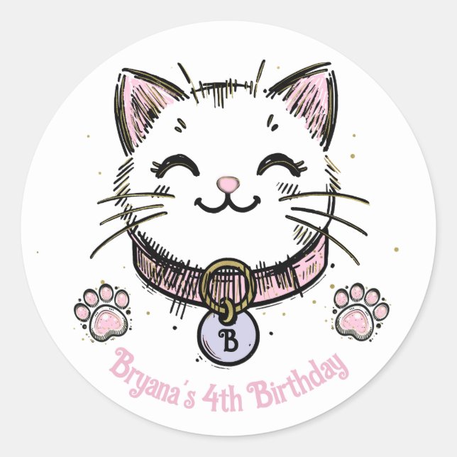 Sticker Rond Chaton Kitty Rose Violet Or Fête d'anniversaire (Devant)
