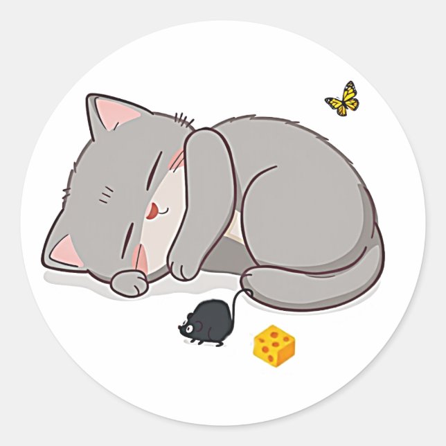Sticker Rond Chaton, souris et fromage (Devant)