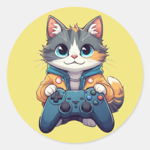Sticker Rond Chaton tenant une manette de jeu souriant Chat jou