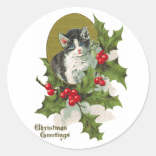 Sticker Rond Chaton vintage dans l'autocollant de houx