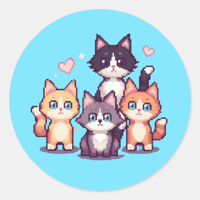 Sticker Rond Chatons Colorés Pixelisés (Devant)