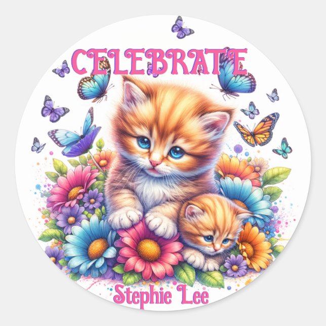 Sticker Rond Chatons, papillons et fleurs (Devant)