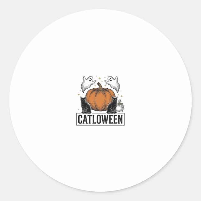 Sticker Rond Chatoween Chat Noir Fantôme Halloween Conception V (Devant)
