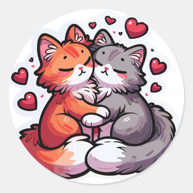 Sticker Rond Chats affectueux avec coeur (Devant)
