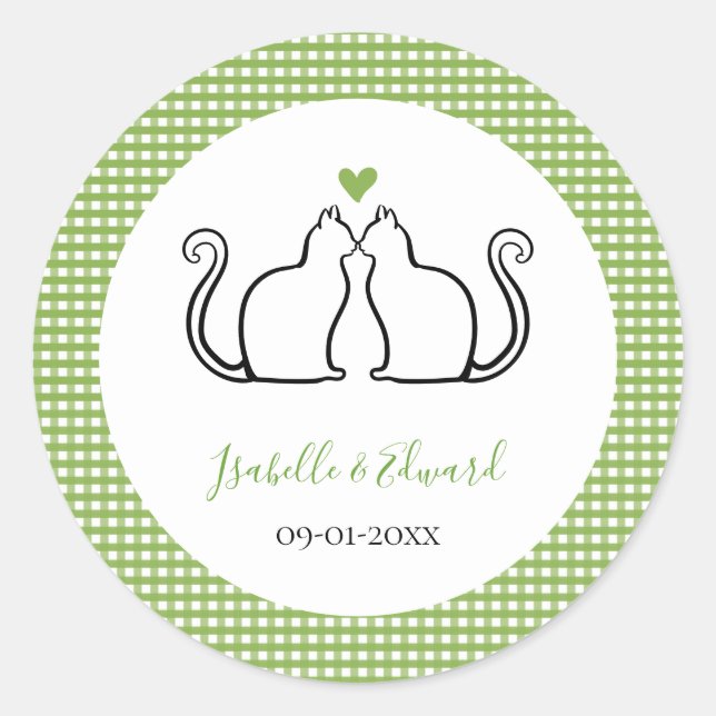 Sticker Rond Chats Amoureux Coeur Vert & Blanc En vichy Noms (Devant)
