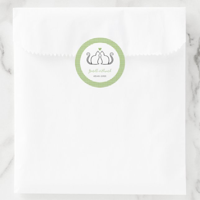 Sticker Rond Chats Amoureux Coeur Vert & Blanc En vichy Noms (Sac)