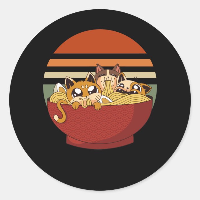 Sticker Rond Chats Anime et nouilles Ramen Japonais accros (Devant)