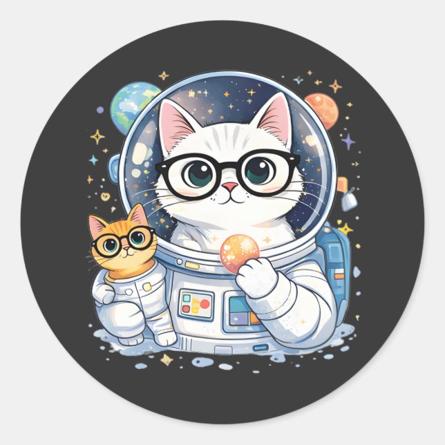 Sticker Rond Chats Astronautes Adorables Explorant la Galaxie (Devant)