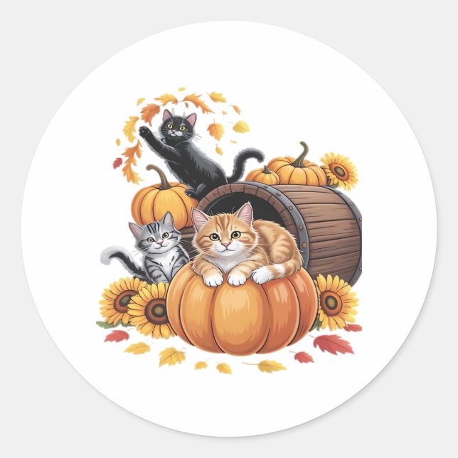 Sticker Rond Chats Automne Citrouilles Thanksgiving Sunflower O (Devant)