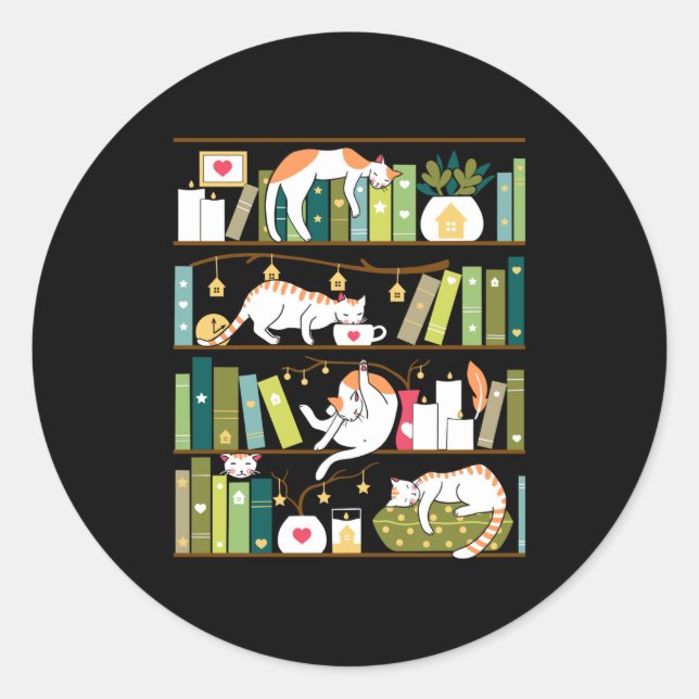 Sticker Rond Chats de bibliothèque - chats fantaisistes sur les (Devant)