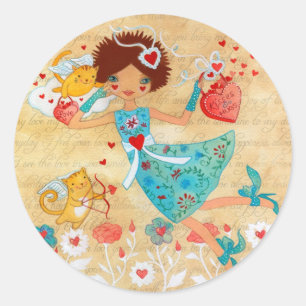 Sticker Rond Chats de cupidon de Saint-Valentin avec des coeurs