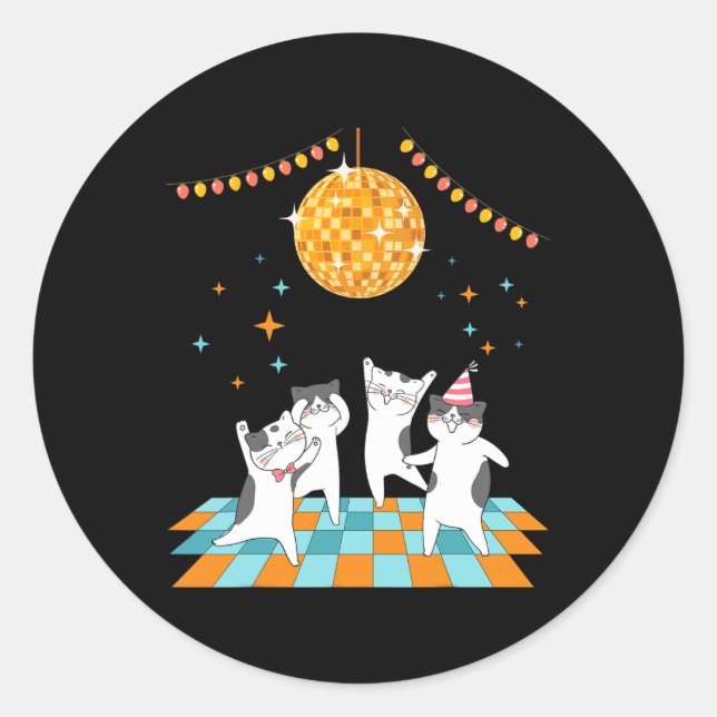 Sticker Rond Chats De Fête Dansant Sous Disco Ball (Devant)