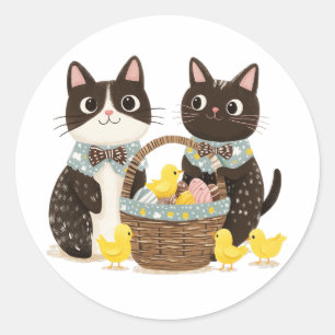 Sticker Rond Chats de Pâques Panier de Pâques Bébés Poussins