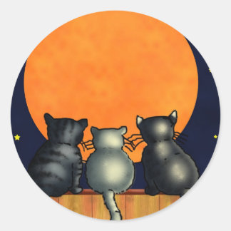 Sticker Rond Chats d'Halloween regardent la Lune - Style Vintag