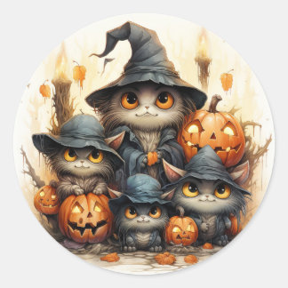 Sticker Rond Chats éffrayants et citrouilles oranges