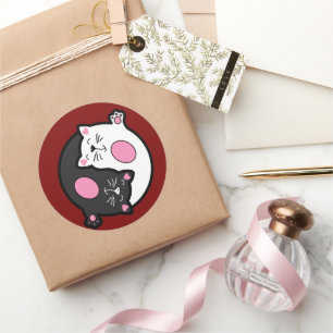 Sticker Rond Chats endormis Yin Yang en noir et blanc