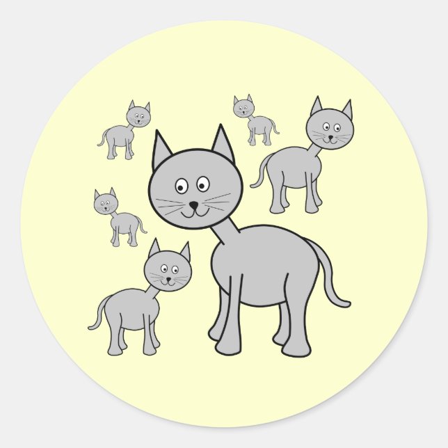 Sticker Rond Chats gris mignons. Dessin sur Crème. (Devant)