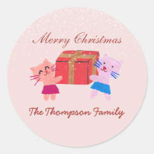 Sticker Rond Chats mignons avec boîte cadeau Noël rose pâle