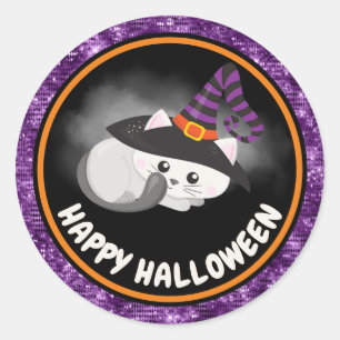 Sticker Rond Chats mignons enfants et paillettes violettes Joye