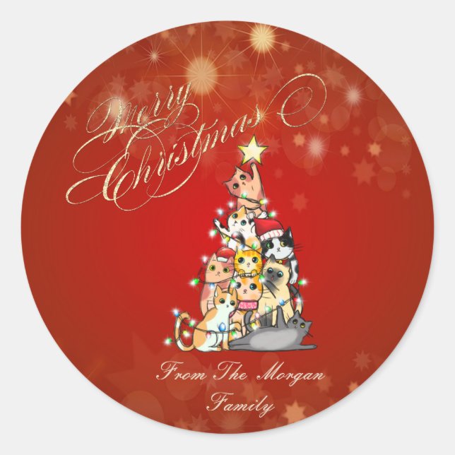 Sticker Rond Chats mignons sapin rouge Noël  (Devant)