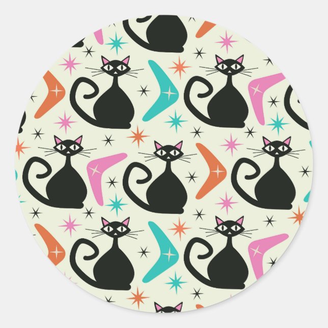 Sticker Rond Chats noirs atomiques de milieu de siècle avec boo (Devant)