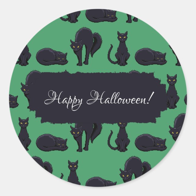 Sticker Rond Chats Noirs Blocs Halloween Pixel Art Motif (Devant)
