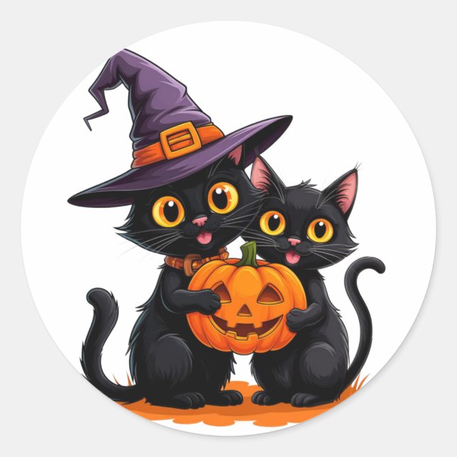 Sticker Rond Chats noirs mignons Sorcière Citrouille Halloween  (Devant)