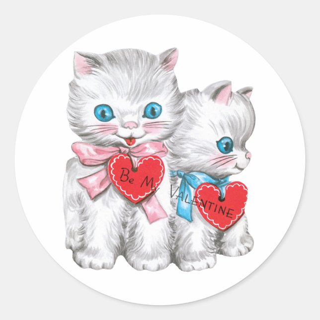 Sticker Rond Chats Rétro de la Saint-Valentin, Chatons Fluffy V (Devant)