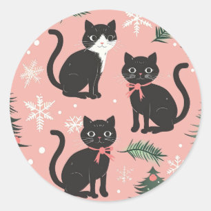 Sticker Rond Chats rétro mignons à Noël rose