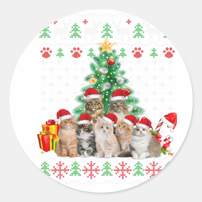Sticker Rond Chats Santa Chapeau Noël Drôle Noël Arbre Femmes H (Devant)