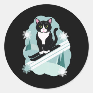Sticker Rond Chats Tuxedo Et Ventilateurs De Ski Hiver De Neige