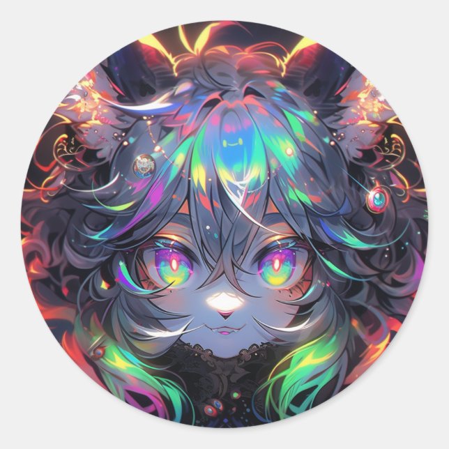 Sticker Rond Chatte arc-en-ciel adorable furry anime (Devant)