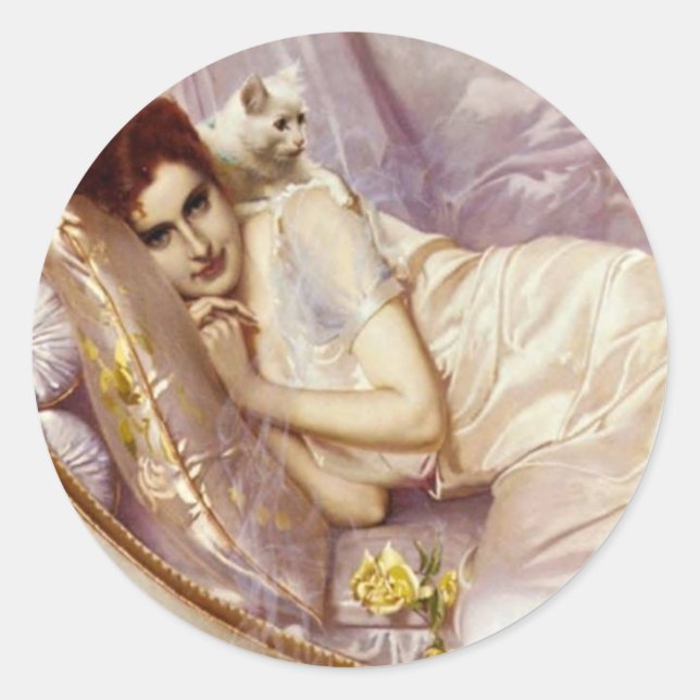 Sticker Rond chatte blanche femme blanc lit en soie violette (Devant)