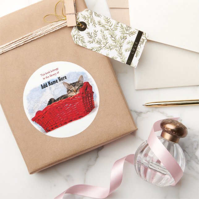 Sticker Rond Chatte-Dormir Dans Panier Rouge Lumineux Personnal (Cadeaux)