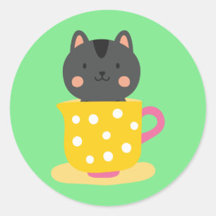 Sticker Rond Chatte mignonne en dessin animé sur la menthe