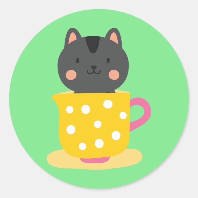 Sticker Rond Chatte mignonne en dessin animé sur la menthe (Devant)