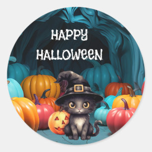Sticker Rond chatte noire mignonne lanterne citrouille d'Hallow