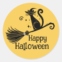 Chatte sorcière noire sur balai d'Halloween