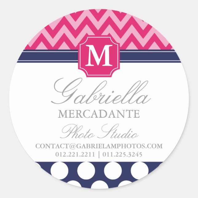 Sticker Rond Chaud rose et marine Chevron Zigzag Pois Monogramm (Devant)