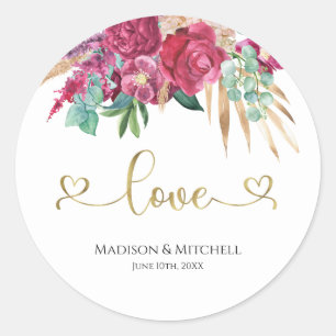 Sticker Rond Chaud rose Magenta Floral Élégant Gold Script Coeu