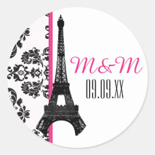 Sticker Rond Chaud rose monogramme Damask Tour Eiffel Mariage