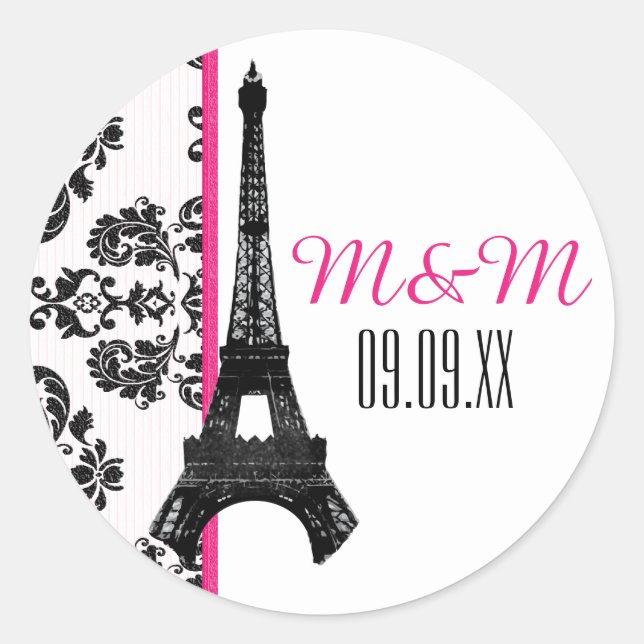 Sticker Rond Chaud rose monogramme Damask Tour Eiffel Mariage (Devant)
