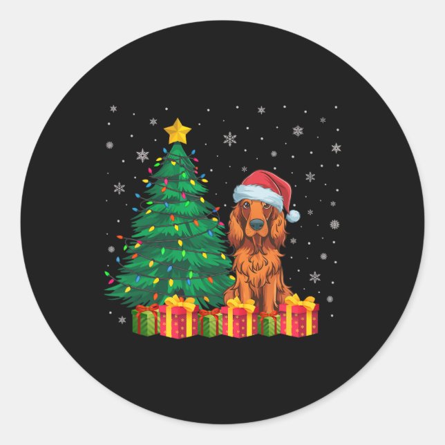 Sticker Rond Chaud Setter irlandais Santa Hat Feux de Noël Chie (Devant)