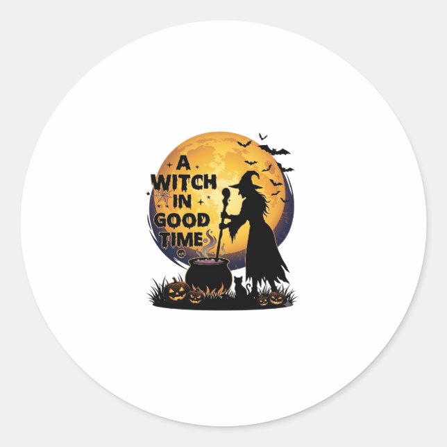 Sticker Rond Chaudron de lune d'Halloween de bonne sorcière_1 (Devant)