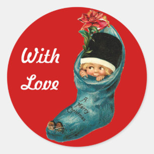 Sticker Rond Chaussette de Noël mignonne, petit enfant, blanc r