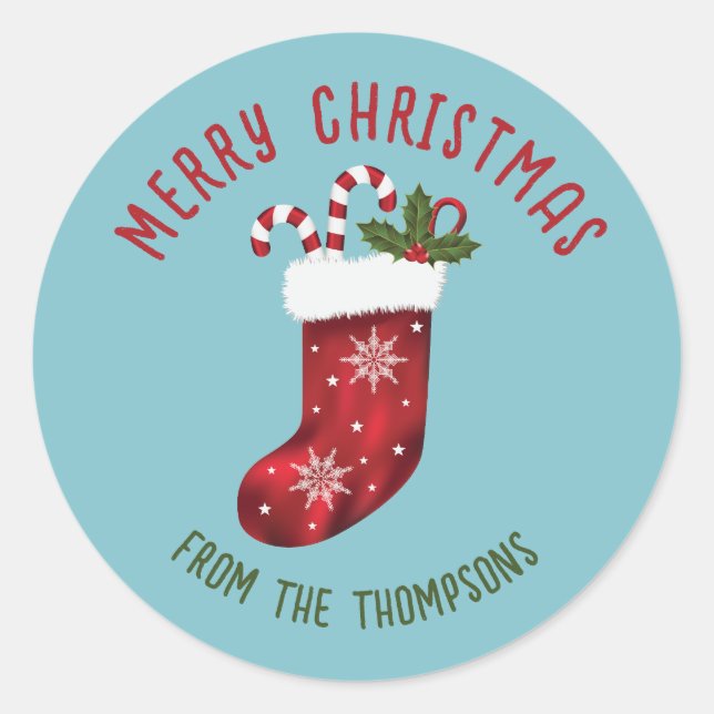 Sticker Rond Chaussette de Noël rouge sur fond bleu avec texte  (Devant)