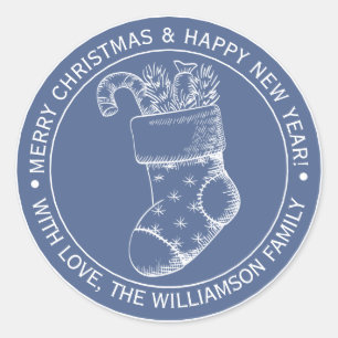 Sticker Rond Chaussette de Noël Vintage Vœux de Fêtes Bleu